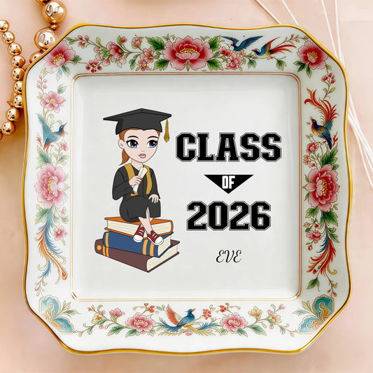 Custom Photo Ceramic Trinket Tray with Elegant Floral and Phoenix Bird Border-Happy Graduation!