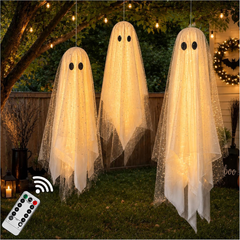 three hanging ghosts with remote timed LED lights Set Of 3 (43/31 In)