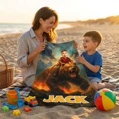 Personalized Kids Beach Towel with Face and Name, Bear Adventure Boy Gift, Bear Towels.