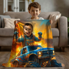 Custom Monster Truck Beach Towel with Photo, Birthday Gift for Kids, Boys, Grandson & Son.