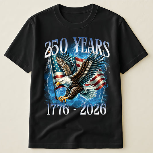1776-2026 USA 250th Anniversary T-Shirt, Patriotic Eagle & American Flag with Lightning Design