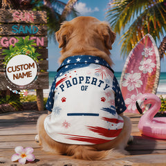 Custom Name Blank Property Of Dog Hawaiian Shirt, Firework Star Stripe Patriotic Personalized Pet Summer Shirt, Customizable Dog Gift