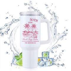 40oz Handle Tumbler | 50th Birthday 2026 Beach Booze Besties Tropical Palm Tree Custom Insulated Travel Cup For Girls Trip Best Friend Gift