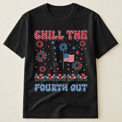 Chill The Fourth Out Floral Retro American Flag Fireworks 4th Of July Groovy T-Shirt