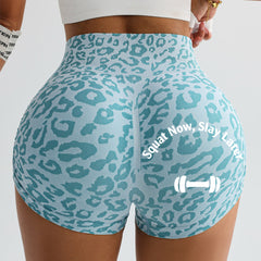Leopard Print Butt Lifting Workout Shorts, "Squat Now, Slay Later" Seamless High Waist Gym Shorts for Women