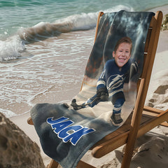 Personalized Hockey Team Beach Towel: Custom Face, Number & Name Pool Towel, Game Day Gift.