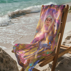 Personalized Unicorn Princess Beach Towel with Child Face & Name, Fantasy Girl Pool Towel Gift.