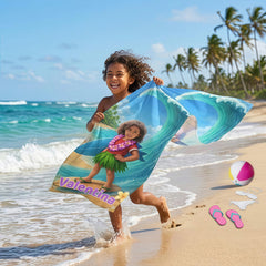 Personalized Girls Beach Towel with Face & Name, Surf Tropical Kid Gift, Kids Pool Towel.