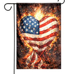 Custom Fire Heart Shaped American Flag Garden Flag, Grunge Patriotic Love USA Yard Banner Customizable 4th of July Decor