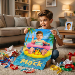 Personalized Boy Beach Towel with Face & Name, Funny Pool Float Vacation Gift, Birthday Gift .