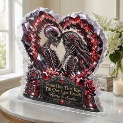 Red Gem Gothic Skeleton Couple Heart Custom Name Tabletop Sign