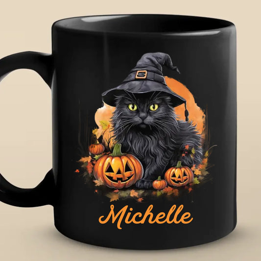 Witchy Whiskers And Spooky Purrs - Cat Personalized Custom Black Mug - Halloween Gift For Pet Owners, Pet Lovers