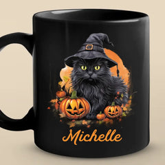Witchy Whiskers And Spooky Purrs - Cat Personalized Custom Black Mug - Halloween Gift For Pet Owners, Pet Lovers