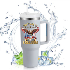 40oz Handle Travel Mug | 250 Years Of Freedom Eagle USA Flag Wings 1776-2026 Independence Day Reusable Stainless Steel Tumbler