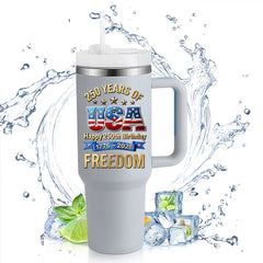 40oz Tumbler With Handle | Happy 250th USA Birthday 1776-2026 Stars Stripes Eagle Freedom Patriotic Gift Cup