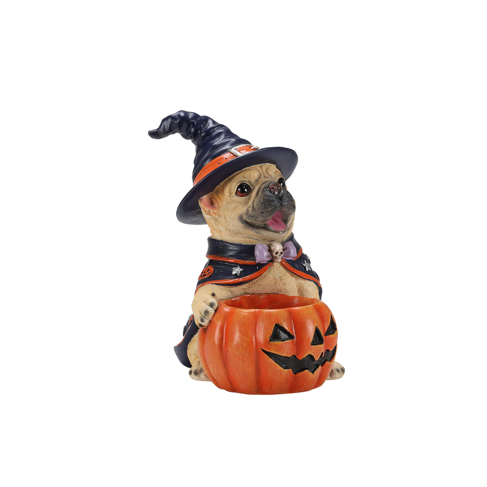 Frenchie witch puppy resin figure on a plain background, three quarter view, showing the striped hat band