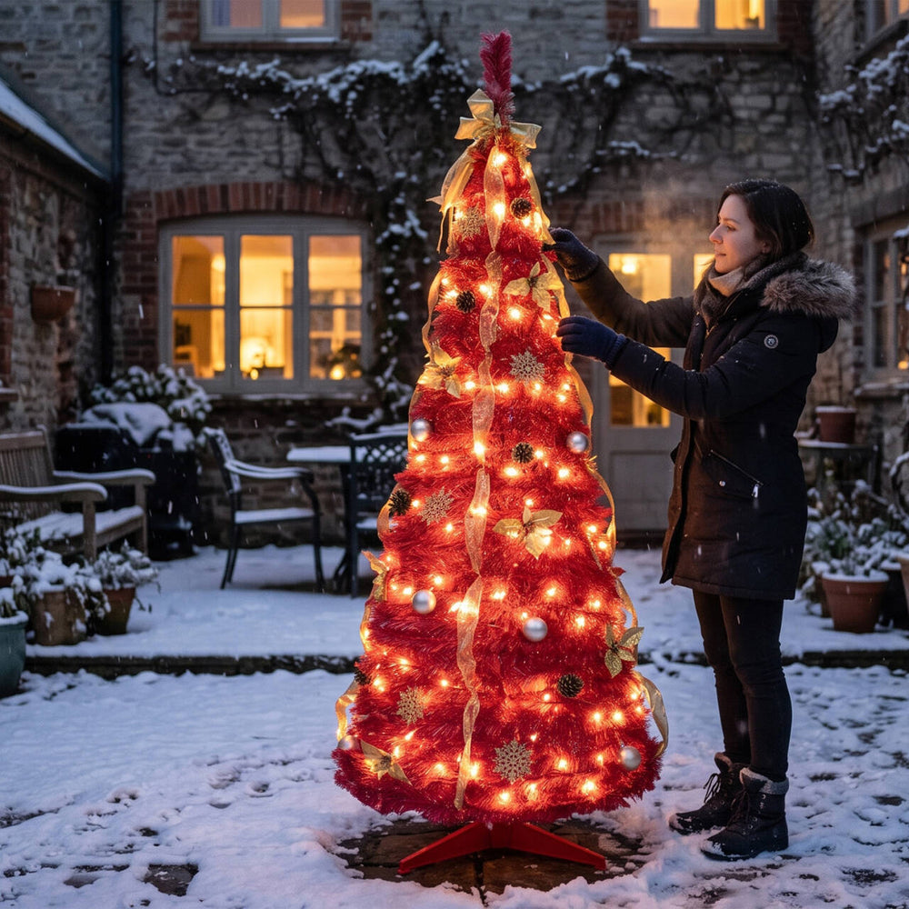 6FT Red PreLit Pop-Up Christmas Tree With 150 Warm White LED Ribbons Bow Flowers Snowflakes Pine Con