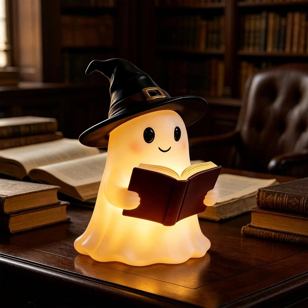 resin ghost in a witch hat holding an open book, usb powered night light - product photo 6 of 8