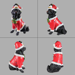 Four views of the Black retriever Christmas statue on a gray background, showing the front, side and back of the red Santa coat