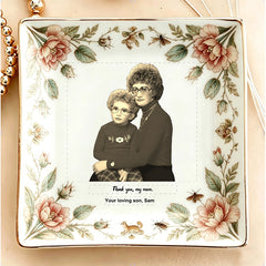 Custom Vintage Floral Jewelry Dish - Personalized Mother & Son Photo Ceramic Tray with Elegant Botanical Border