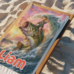 Personalized Fishing Beach Towel with Boys Face & Name, Bass Fish Kid Gift, Kids Towel.