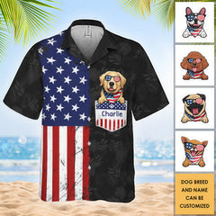 Vintage Distressed USA Flag Black Tropical Leaf Aloha Shirt