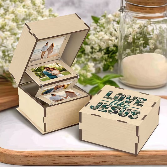 Personalized wooden photo box with waterfall-style flip cover panel - perfect for wedding, anniversary, or couple's photo storage gifts. The interior can hold souvenirs.