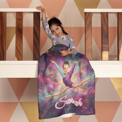 Personalized Gymnast Blanket with Child’s Face & Name, Custom Photo Throw Dance Gift for Girls.