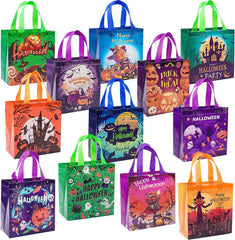 twelve non-woven trick or treat tote bags in twelve designs 12 Pack