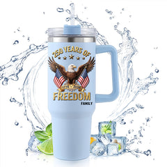 40oz Large Handle Tumbler | 250 Years Of Freedom Bald Eagle Dual American Flag Custom Family Name 1776-2026 Patriotic Stainless Steel Mug
