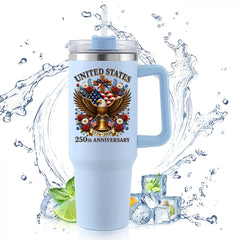 40oz Stainless Steel Tumbler | United States 250th Anniversary Eagle Cross Liberty Bell Floral Vintage Patriotic Christian Travel Mug