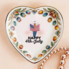 Custom Photo Ceramic Trinket Tray with Colorful Tulip Floral Border-Happy 4th of july