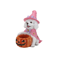 White puppy witch statue on a plain background, side view, showing the cape over its back and the bowl