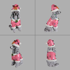 Four views of the Poodle Christmas statue on a gray background, showing the front, side and back of the pink Santa coat