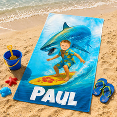 Personalized Shark Beach Towel for Kids, Custom Face Pool Towel, Boys Summer Gift, Surfing Shark Towel with Name, Birthday Beach Gift.