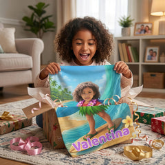 Personalized Girls Beach Towel with Face & Name, Surf Tropical Kid Gift, Kids Pool Towel.