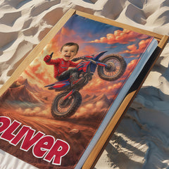 Personalized Motocross Beach Towel with Child Face & Name, Dirt Bike Kid Gift, Custom Motocross.