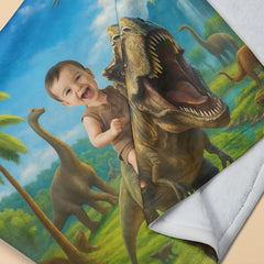 Personalized Dinosaur Blanket with Child’s Photo and Name, Custom Dino Riding Design for Kids.