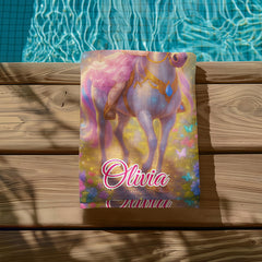 Personalized Unicorn Princess Beach Towel with Child Face & Name, Fantasy Girl Pool Towel Gift.