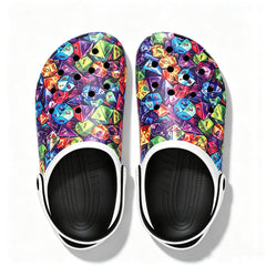 Multiple printed swimming slippers, with custom patterns on the upper part