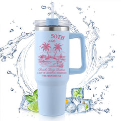 40oz Handle Tumbler | 50th Birthday 2026 Beach Booze Besties Tropical Palm Tree Custom Insulated Travel Cup For Girls Trip Best Friend Gift