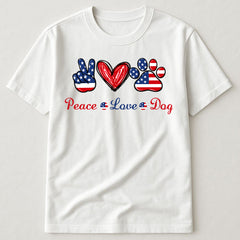 Peace Love Dog American Flag Peace Sign Paw Print Patriotic 4th Of July T-Shirt