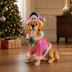 A golden retriever sitting in a pink Santa coat with a string of colored lights across the back, in a living room at Christmas