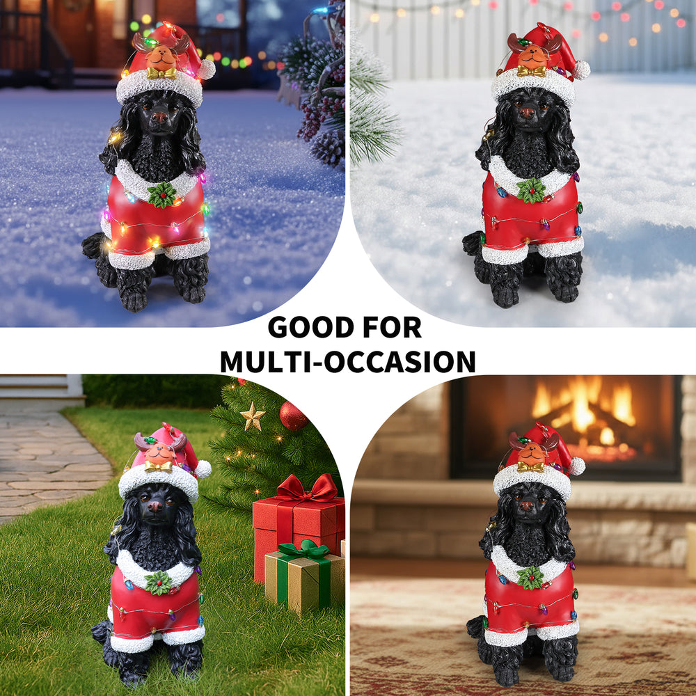 Four photo collage of the Black poodle in the red Santa coat styled in different holiday spots, indoors and out