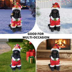 Four photo collage of the Black poodle in the red Santa coat styled in different holiday spots, indoors and out