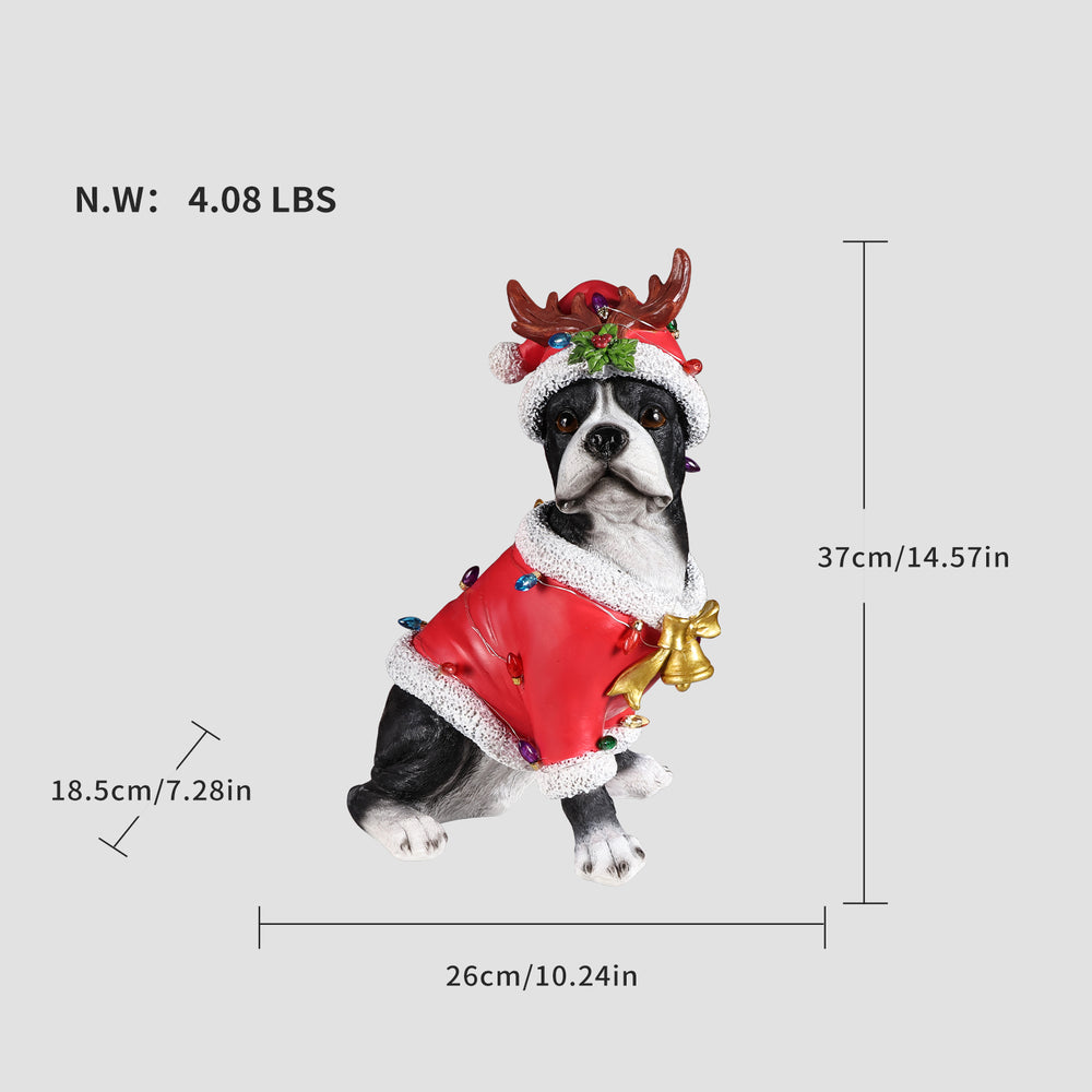 Size diagram of the Boston terrier Christmas statue with height, width and depth measured in inches and its weight in pounds