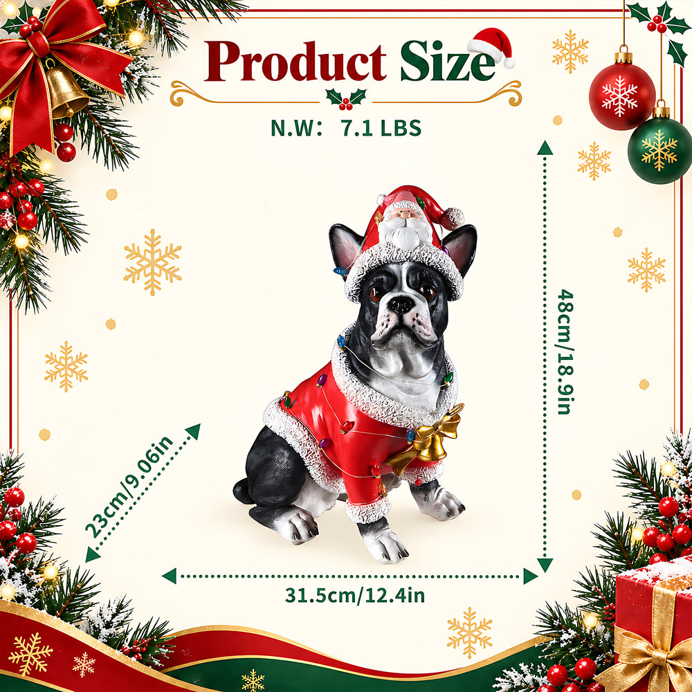 Size diagram of the French bulldog Christmas statue with height, width and depth measured in inches and its weight in pounds