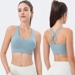 Custom Logo Crisscross Back Sports Bra Women, U Neck Double Strap Scrunch Back Longline Yoga Workout Crop Top, Customizable Private Label Activewear Bra