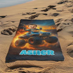 Custom Monster Truck Beach Towel with Photo, Birthday Gift for Kids, Boys, Grandson & Son.