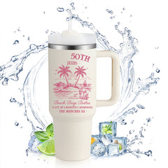 40oz Handle Tumbler | 50th Birthday 2026 Beach Booze Besties Tropical Palm Tree Custom Insulated Travel Cup For Girls Trip Best Friend Gift